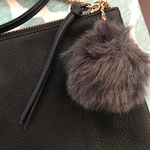 Black Faux Leather Crossbody W/ Fur Puff Charm - Picture 4 of 8